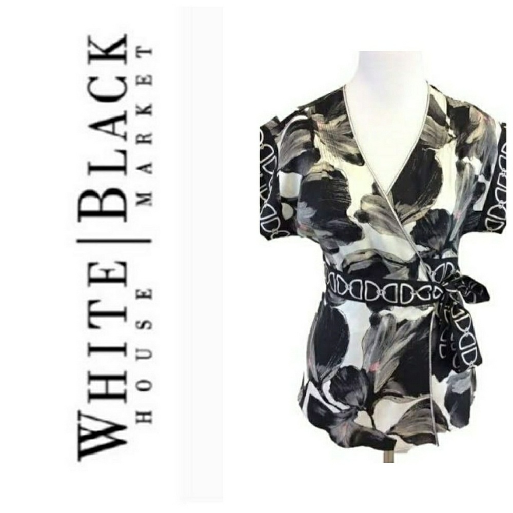 WHBM 🤍🖤 White House Black Market Wrap Silk Blouse, Black & Ivory Floral Print, M